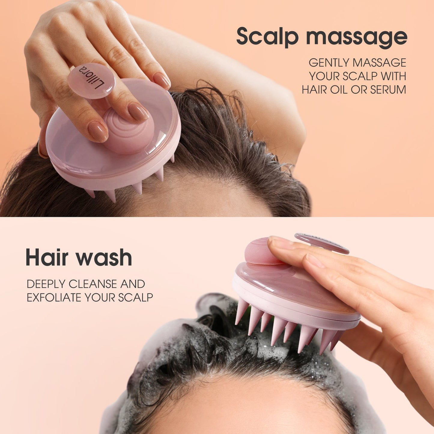 Soft silicone scalp brush for gentle exfoliation and deep cleansing, promoting healthy hair and scalp